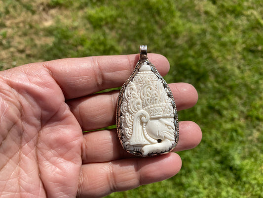 Ganesh Carved Bone Tibetan Silver Pendant, Buffalo Bone, Yoga Pendant, Ethnic Jewelry, Tribal, Spiritual Pendant, Pendant for Men or Women