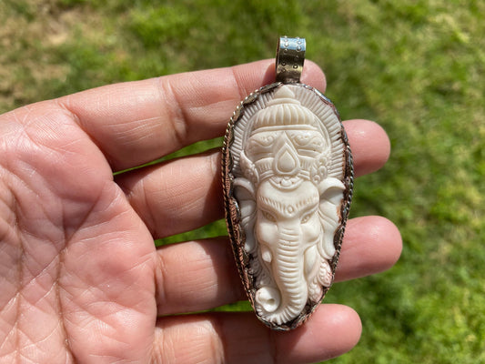 Ganesh Carved Bone Tibetan Silver Pendant, Buffalo Bone, Yoga Pendant, Ethnic Jewelry, Tribal, Spiritual Pendant, Pendant for Men or Women