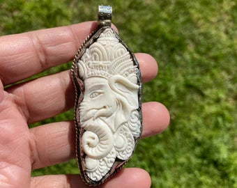 Ganesh Carved Bone Tibetan Silver Pendant, Buffalo Bone, Yoga Pendant, Ethnic Jewelry, Tribal, Spiritual Pendant for Men or Women, Hindu God