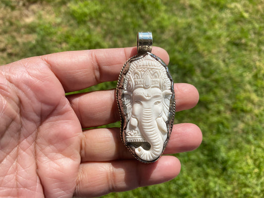 Ganesh Carved Bone Tibetan Silver Pendant, Buffalo Bone, Yoga Pendant, Ethnic Jewelry, Tribal, Spiritual Pendant, Pendant for Men or Women
