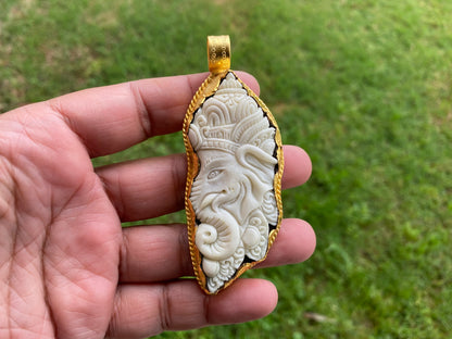 Ganesh Carved Buffalo Bone High Quality 18k Matte Gold Overlay Non Tarnish Pendant, Ethnic Jewelry, Spiritual Unisex Pendant, Hindu God
