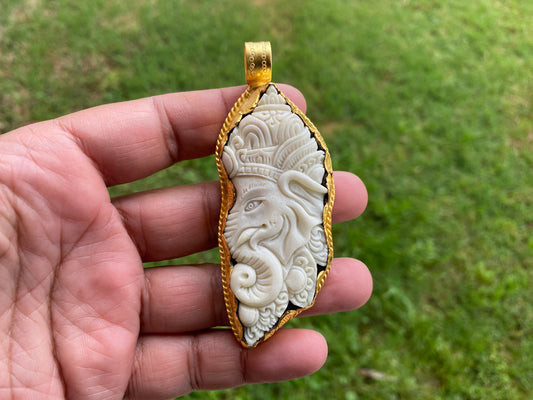 Ganesh Carved Buffalo Bone High Quality 18k Matte Gold Overlay Non Tarnish Pendant, Ethnic Jewelry, Spiritual Unisex Pendant, Hindu God