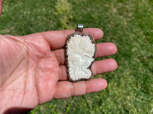 Ganesh Hand Carved Bone Tibetan Silver Pendant, Buffalo Bone, Yoga Pendant, Ethnic Jewelry, Spiritual Pendant, Pendant for Men or Women