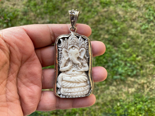 Ganesh Hand Carved Buffalo Bone Tibetan Silver Pendant, Yoga Pendant, Locket for Men & Women, Ethnic, Spiritual Pendant, Religious Jewelry