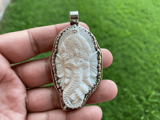 Ganesh Carved Bone Tibetan Silver Pendant, Lotus Flower Designs, Elephant God, Religious Jewelry, Lord Ganesh Pendant, Hindu God, Spiritual
