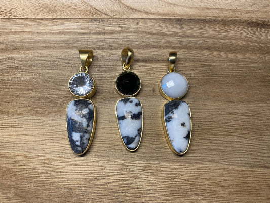 Gemstone Nepal Small Pendant, Zebra Jasper with Faceted White Topaz/Black Onyx/White Chalcedony Agate, Natural Stone, 14K Matte Gold Overlay