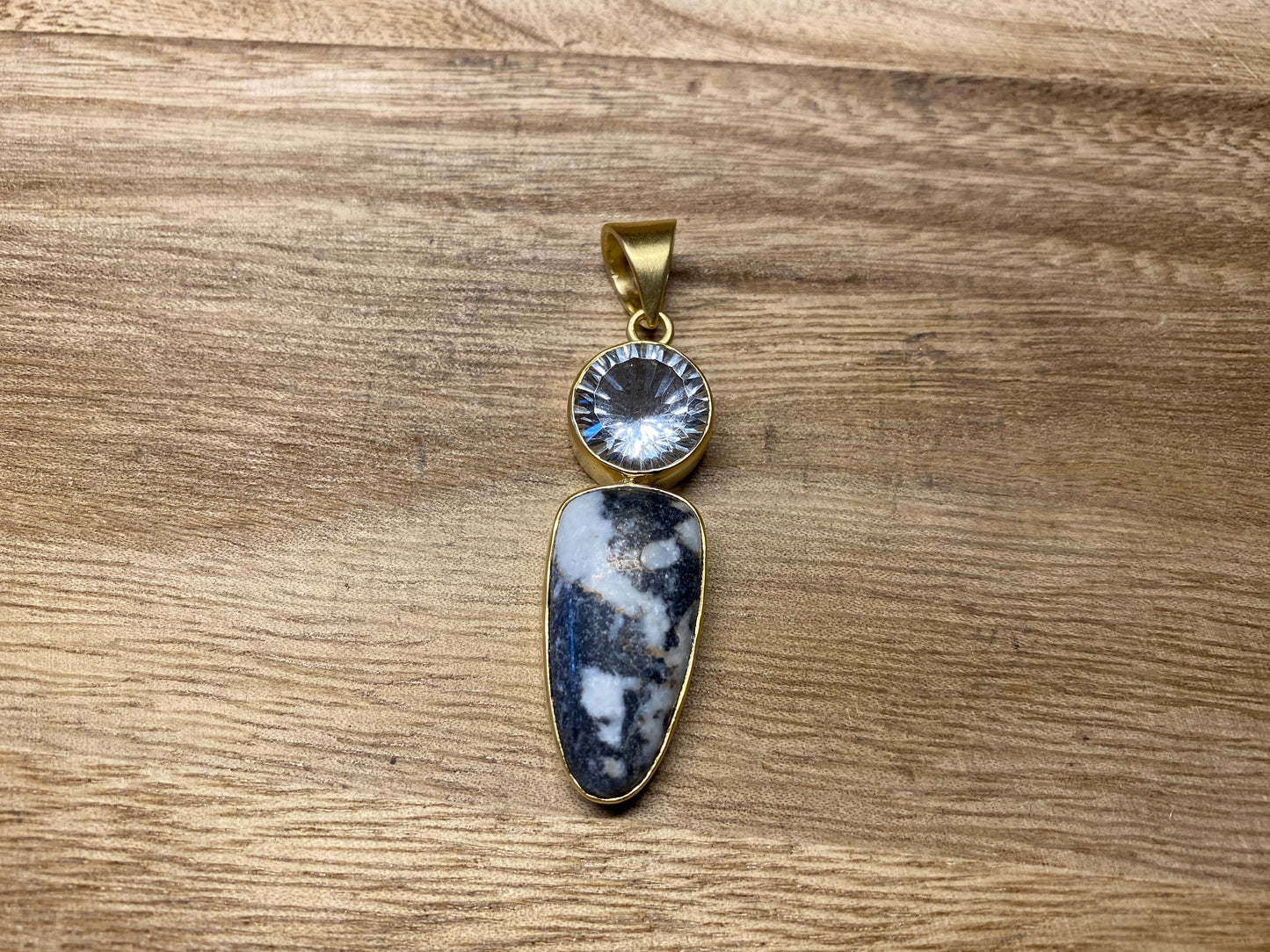 Gemstone Nepal Small Pendant, Zebra Jasper with Faceted White Topaz/Black Onyx/White Chalcedony Agate, Natural Stone, 14K Matte Gold Overlay