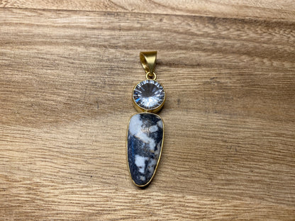 Gemstone Nepal Small Pendant, Zebra Jasper with Faceted White Topaz/Black Onyx/White Chalcedony Agate, Natural Stone, 14K Matte Gold Overlay