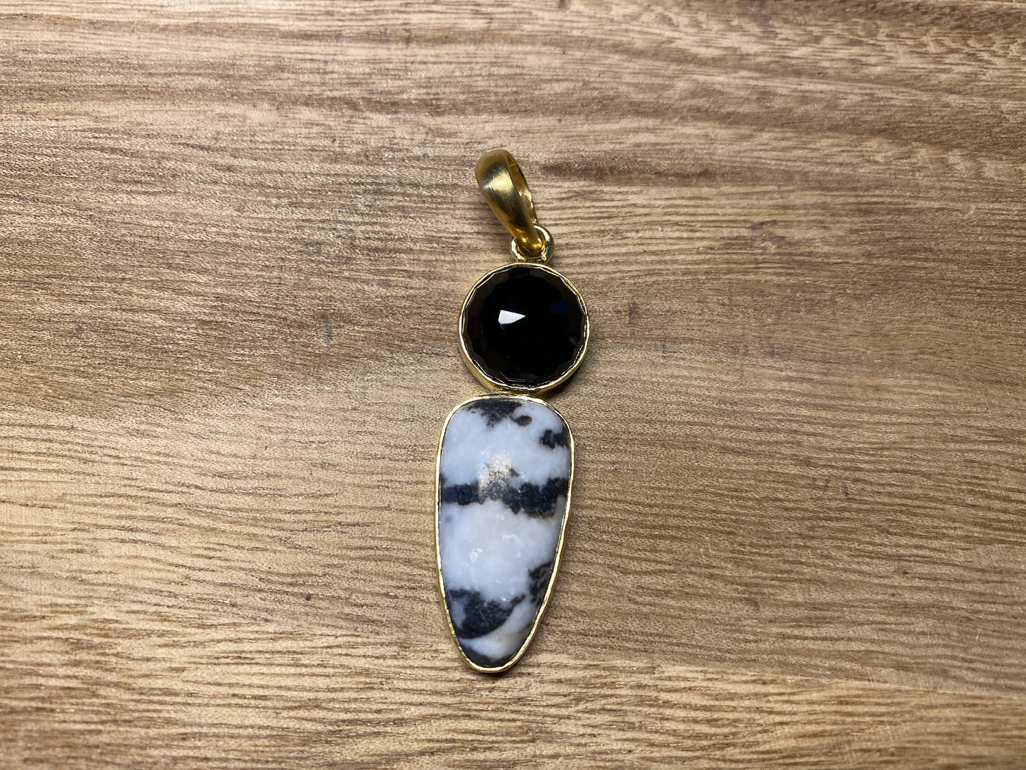 Gemstone Nepal Small Pendant, Zebra Jasper with Faceted White Topaz/Black Onyx/White Chalcedony Agate, Natural Stone, 14K Matte Gold Overlay