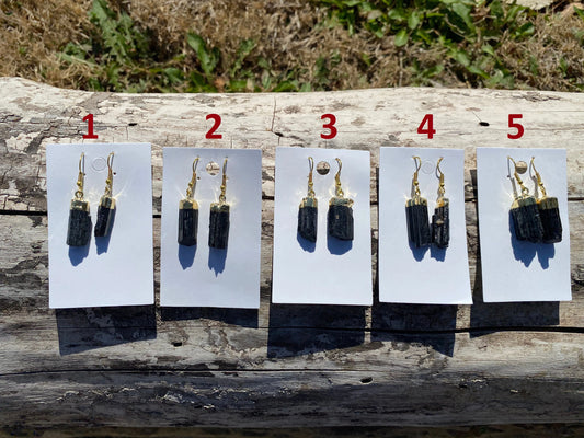 Raw Black Tourmaline Earrings, Gold Electroplated, Raw Gemstone Earrings, Dangle Earring, Gifts for Mom, Mothers Day Gift, Healing Crystal
