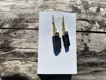 Raw Black Tourmaline Earrings, Gold Electroplated, Raw Gemstone Earrings, Dangle Earring, Gifts for Mom, Mothers Day Gift, Healing Crystal