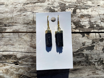Raw Black Tourmaline Earrings, Gold Electroplated, Raw Gemstone Earrings, Dangle Earring, Gifts for Mom, Mothers Day Gift, Healing Crystal