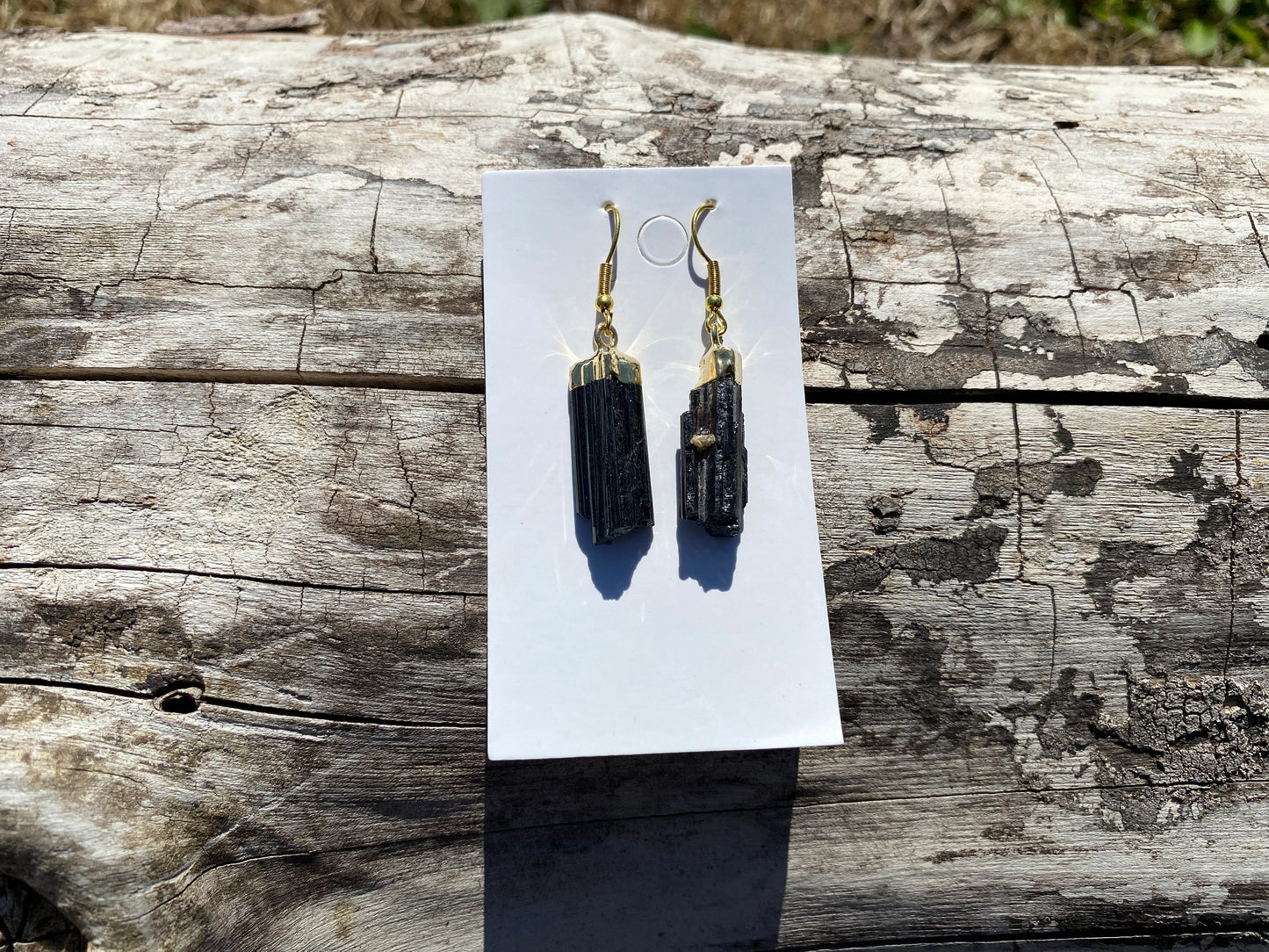 Raw Black Tourmaline Earrings, Gold Electroplated, Raw Gemstone Earrings, Dangle Earring, Gifts for Mom, Mothers Day Gift, Healing Crystal