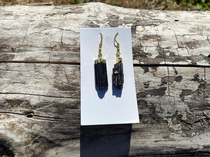 Raw Black Tourmaline Earrings, Gold Electroplated, Raw Gemstone Earrings, Dangle Earring, Gifts for Mom, Mothers Day Gift, Healing Crystal