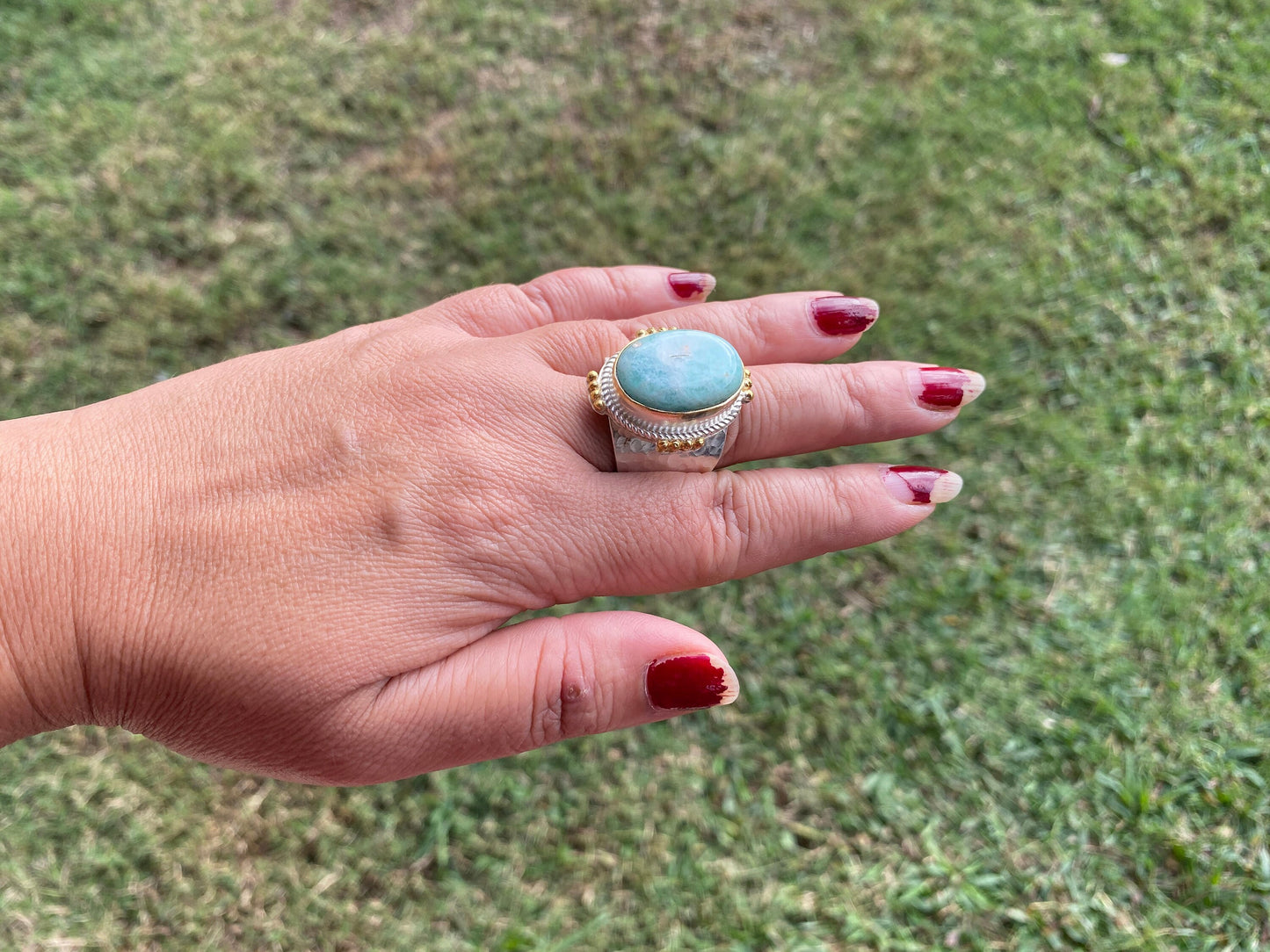 Adjustable Amazonite Natural Stone Two Tone Ring, Gold and Silver Overlay, Handmade Ring, Women Jewelry, Bohemian Jewelry, Energy Stone Ring