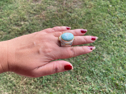 Adjustable Amazonite Natural Stone Two Tone Ring, Gold and Silver Overlay, Handmade Ring, Women Jewelry, Bohemian Jewelry, Energy Stone Ring