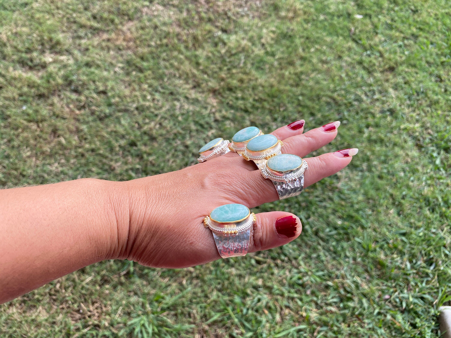 Adjustable Amazonite Natural Stone Two Tone Ring, Gold and Silver Overlay, Handmade Ring, Women Jewelry, Bohemian Jewelry, Energy Stone Ring