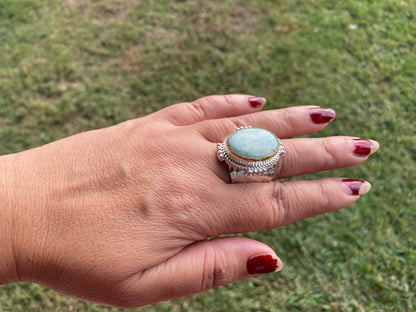 Adjustable Amazonite Natural Stone Two Tone Ring, Gold and Silver Overlay, Handmade Ring, Women Jewelry, Bohemian Jewelry, Energy Stone Ring