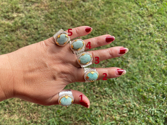 Adjustable Amazonite Natural Stone Two Tone Ring, Gold and Silver Overlay, Handmade Ring, Women Jewelry, Bohemian Jewelry, Energy Stone Ring
