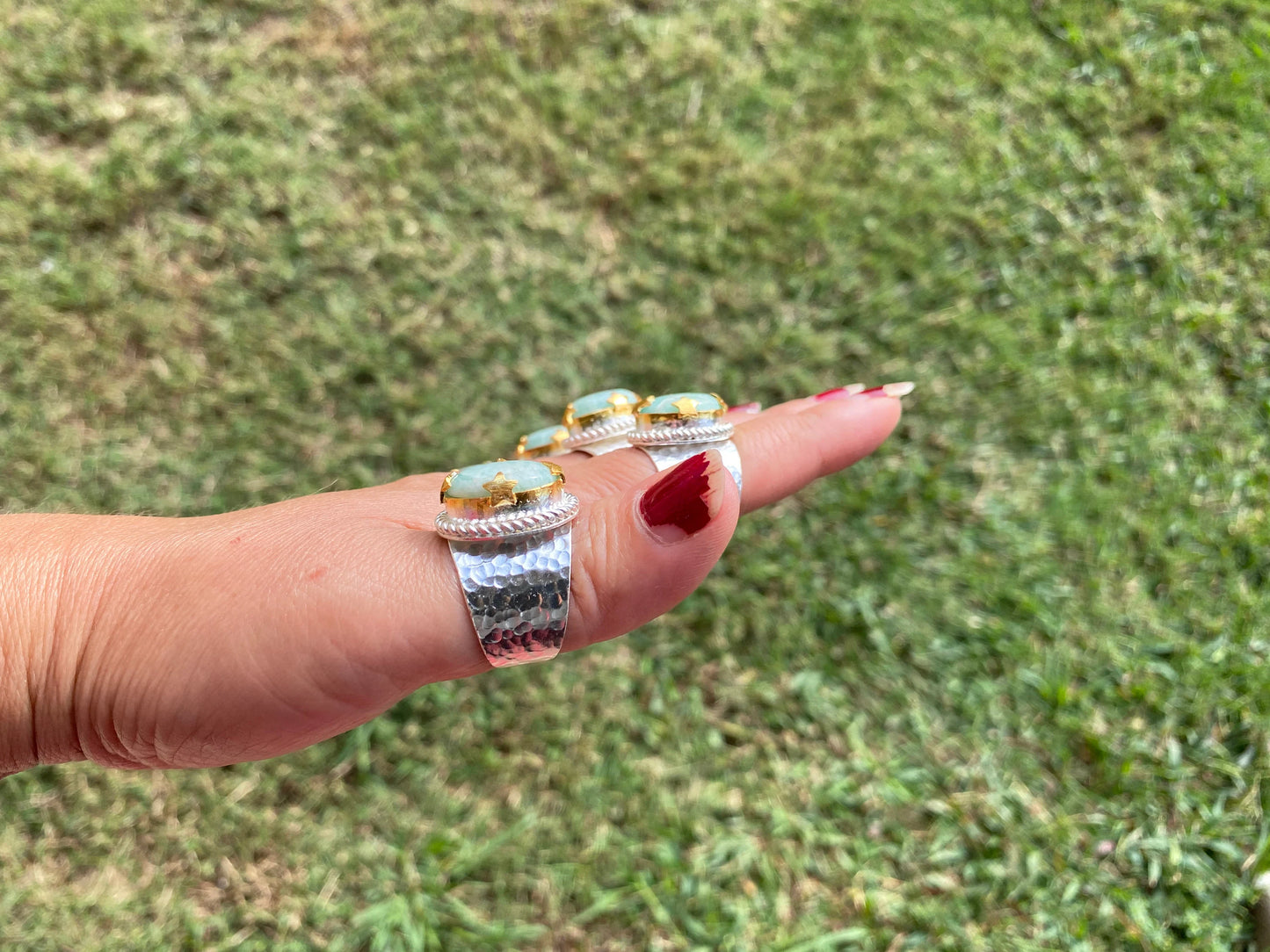 Adjustable Amazonite Natural Stone Two Tone Ring, Gold and Silver Overlay, Handmade Ring, Women Jewelry, Bohemian Jewelry, Energy Stone Ring