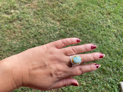Adjustable Amazonite Natural Stone Two Tone Ring, Gold and Silver Overlay, Handmade Ring, Women Jewelry, Bohemian Jewelry, Energy Stone Ring