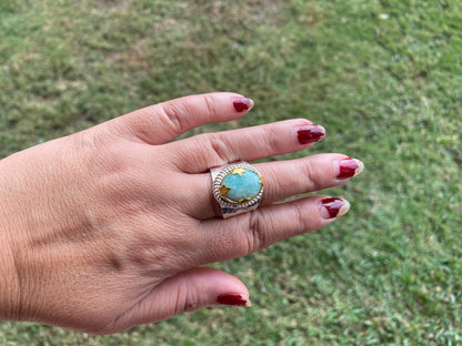 Adjustable Amazonite Natural Stone Two Tone Ring, Gold and Silver Overlay, Handmade Ring, Women Jewelry, Bohemian Jewelry, Energy Stone Ring