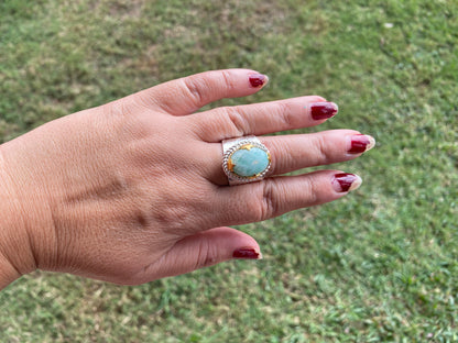 Adjustable Amazonite Natural Stone Two Tone Ring, Gold and Silver Overlay, Handmade Ring, Women Jewelry, Bohemian Jewelry, Energy Stone Ring