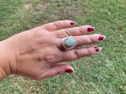 Adjustable Amazonite Natural Stone Two Tone Ring, Gold and Silver Overlay, Handmade Ring, Women Jewelry, Bohemian Jewelry, Energy Stone Ring