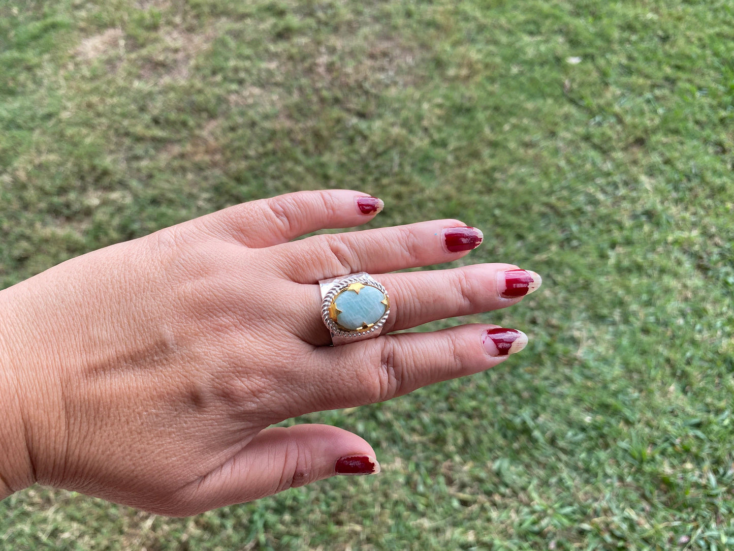 Adjustable Amazonite Natural Stone Two Tone Ring, Gold and Silver Overlay, Handmade Ring, Women Jewelry, Bohemian Jewelry, Energy Stone Ring