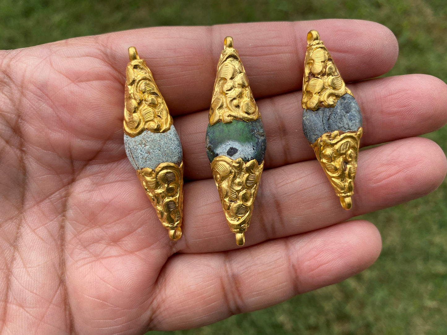Green Turquoise Beads, Two sided Bail,Matte 18K Gold overlay, Himalayan Boho Ethnic Tribal Yoga Beads, Beads for Necklace, Jewelry Supplies