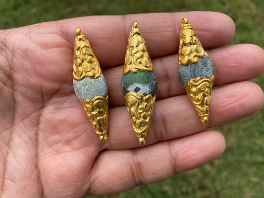 Green Turquoise Beads, Two sided Bail,Matte 18K Gold overlay, Himalayan Boho Ethnic Tribal Yoga Beads, Beads for Necklace, Jewelry Supplies
