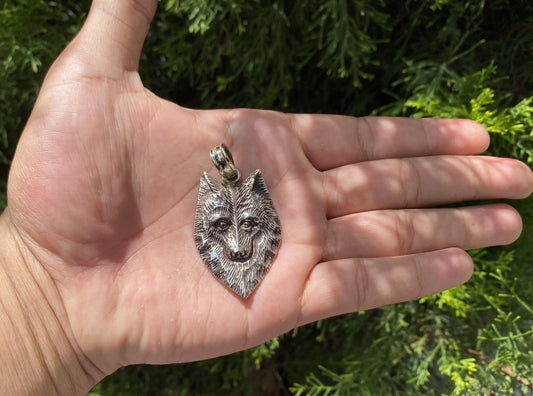 Guardian of the Night: Wolf Head in Tibetan Silver Pendant, Wolf Head Carved Tibetan Silver Pendant.