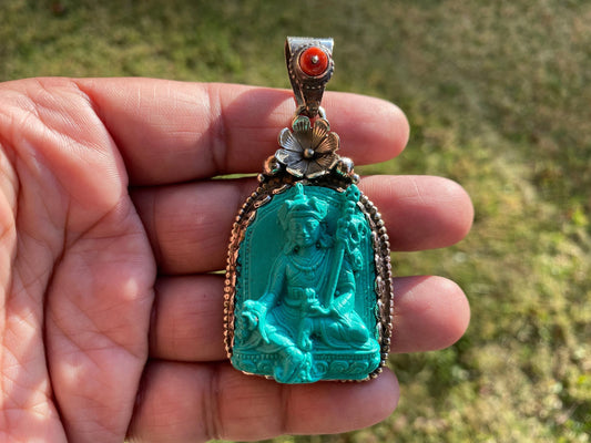 Guru Padmasambhava Rinpoche Pendant,  Stabilized Turquoise with Red Coral Gemstone Tibetan Silver Pendant, Medicine Buddha, Sakyamuni Buddha