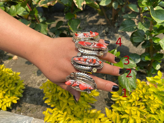 Hammered Tibetan Silver Ring adorned with Spiny Orange Oyster.