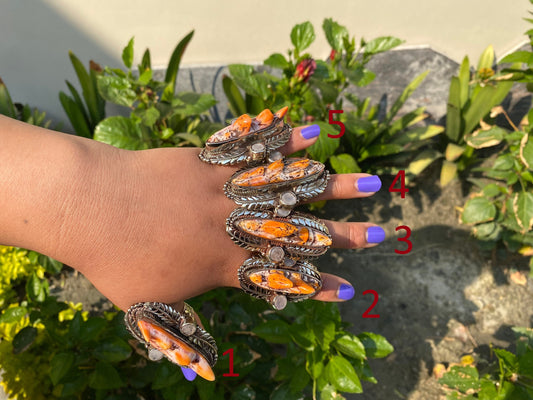 Hammered Tibetan silver Hand Ring , Made with Tibetan Silver & Natural Orange Spiny Oyster, Rings for Daily wears.