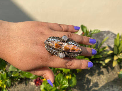 Hammered Tibetan silver Hand Ring , Made with Tibetan Silver & Natural Orange Spiny Oyster, Rings for Daily wears.