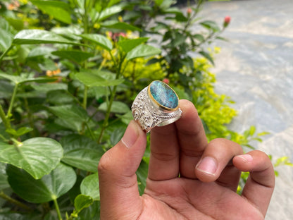 Hammered Two-Tone Ring with Natural Turquoise, Natural gemstone ring, Brushed Gold and Silver overlay over Brass, Gift ideas, Minimal Ring.