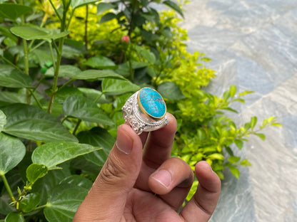 Hammered Two-Tone Ring with Natural Turquoise, Natural gemstone ring, Brushed Gold and Silver overlay over Brass, Gift ideas, Minimal Ring.