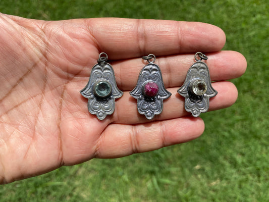 Hamsa Oxidize Brass Pendant, Gemstone Small Charm, Faceted Green Topaz, Ruby or Citrine Pendant, Antique Brass Hamsa, Hand of Fatima Jewelry