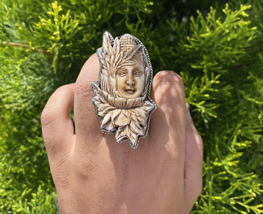 Hand-Carved Buddha Face Buffalo Bone Ring with Foliage Design, Tibetan Silver Adjustable Unisex Ring, Handcrafted Jewelry, Perfect Gift