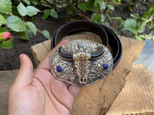 Hand-Carved Buffalo Bone Bull Head Belt Buckle with Floral Design, Tibetan Silver Adorned with Lapis Lazuli & Moonstone,Western Style Buckle