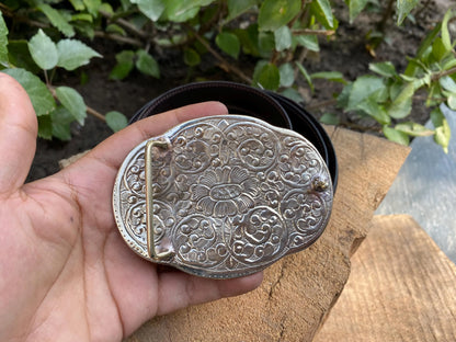 Hand-Carved Buffalo Bone Bull Head Belt Buckle with Floral Design, Tibetan Silver Adorned with Lapis Lazuli & Moonstone,Western Style Buckle