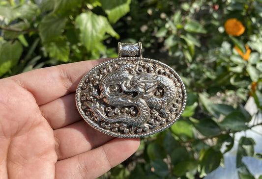 Hand-Carved Dragon Pendant in Tibetan Silver | Intricate Bohemian Pendant for Necklace, Nature-Inspired Jewelry, Pendant for Women & Men