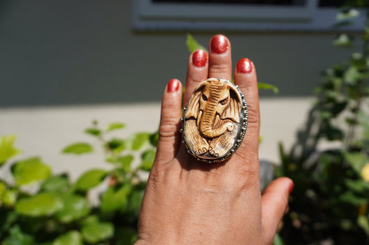 Hand-Carved Elephant on Buffalo Bone Tibetan Silver Ring | Ganesh Ring, Adjustable Ring, Unisex Jewelry Gift, Unique Gift
