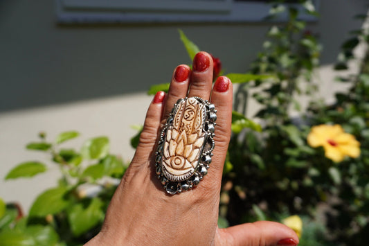 Hand-Carved Hamsa Buffalo Bone Ring | Adjustable Tibetan Silver Statement Ring, Unisex Healing Ring, Protection Symbol, Good Luck Jewelry
