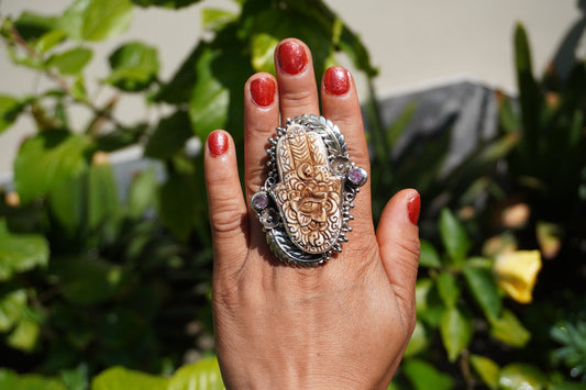 Hand-Carved Hamsa Hand with Floral Design and All-Seeing Eye Buffalo Bone Ring | Tibetan Silver Statement Ring, Unisex Spiritual Jewelry