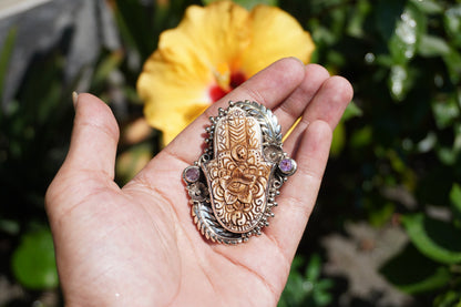 Hand-Carved Hamsa Hand with Floral Design and All-Seeing Eye Buffalo Bone Ring | Tibetan Silver Statement Ring, Unisex Spiritual Jewelry