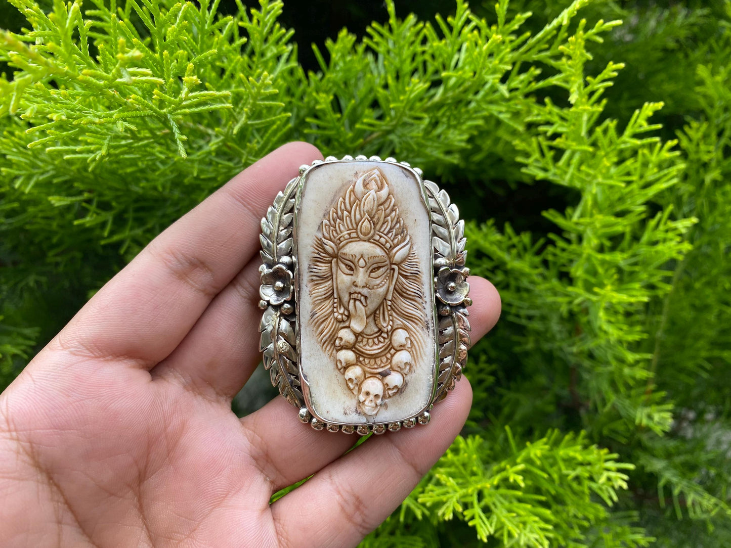 Hand-Carved Kali Goddess Buffalo Bone Ring in Tibetan Silver | Intricate Spiritual Statement Ring with Skull Detailing,Handmade Boho Jewelry