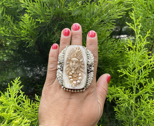 Hand-Carved Kali Goddess Buffalo Bone Ring in Tibetan Silver | Intricate Spiritual Statement Ring with Skull Detailing,Handmade Boho Jewelry