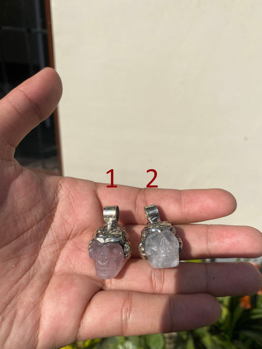 Hand-Carved Skull Rose Quartz and Crystal Necklace, One-of-a-Kind Skull Carved Rose Quartz and Crystal Pendant.